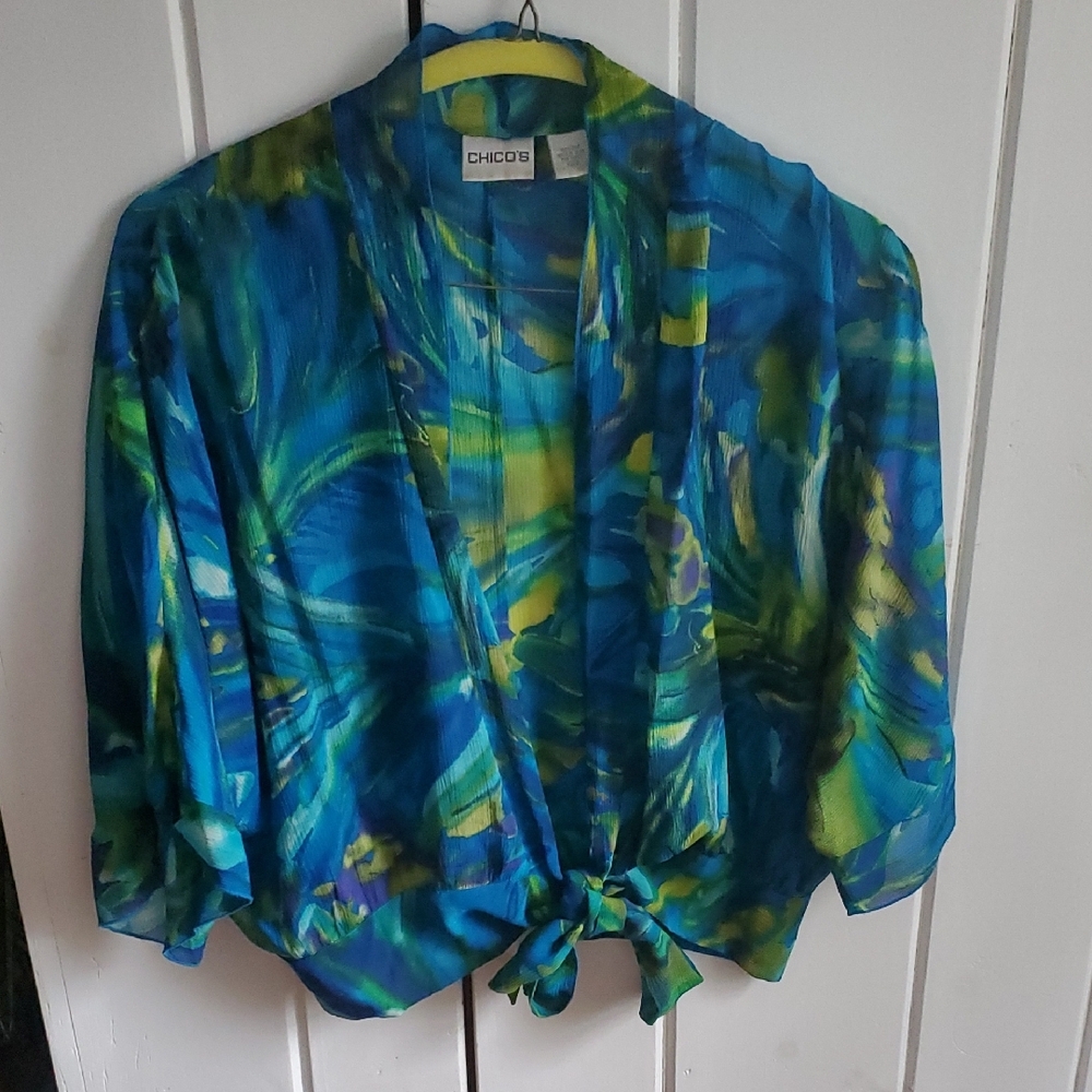 Chico's Blue and Green Tie-Front Blouse